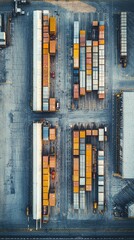 Obraz premium Aerial view of a busy shipping yard with stacked containers organized in rows, highlighting logistics and transportation operations.
