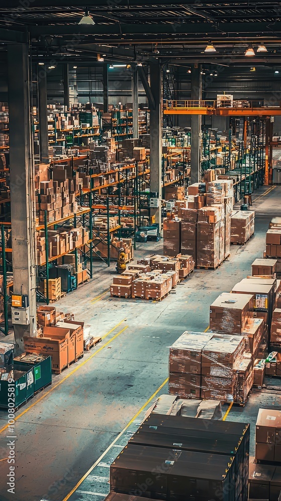 Poster aerial view of a large warehouse filled with neatly organized boxes and pallets, showcasing logistic
