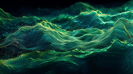 Abstract background Neon Green and Blue Wave-Like Data Streams on a Dark Background, Symbolizing the Flow of Information in Artificial Intelligence Systems with Futuristic and Technological Elements