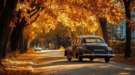 Obraz premium A vintage car parked on a tranquil street lined with autumn trees, their leaves glowing in warm shades of gold, creating a picturesque fall scene.