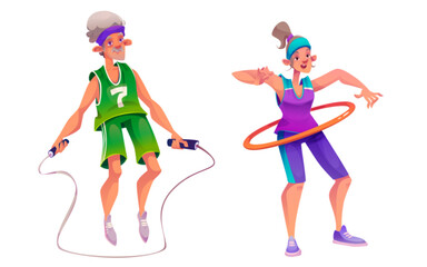 Senior people exercising set isolated on white background. Vector cartoon illustration of elderly man jumping with skipping rope, woman doing hula hoop exercise, active retirement, healthy lifestyle