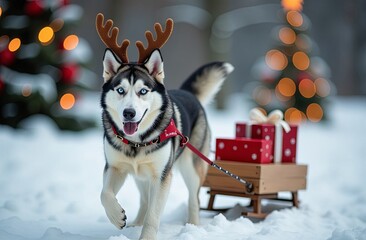 A husky dog with deer antlers on its head carries a wooden sled with gifts for Christmas. Christmas delivery concept