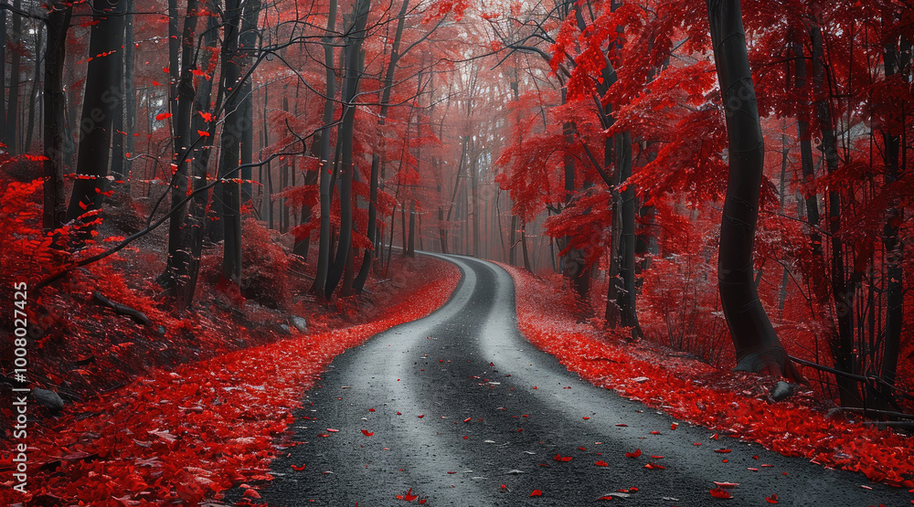 Poster a road through an autumn forest with red trees.