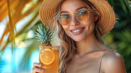 Beautiful woman in sunglasses and straw hat holding a pineapple cocktail, drinking on a colorful nature background.