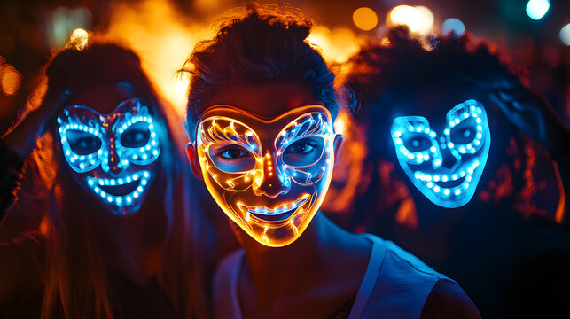 Three girls wearing glowing neon masks at night event. Vibrant blue and orange LED lights create eerie yet festive atmosphere, capturing essence of modern party culture and technology-infused enterta