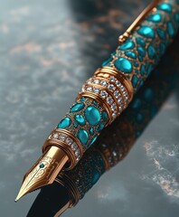 Luxury fountain pen with gold and diamonds lying on reflective surface