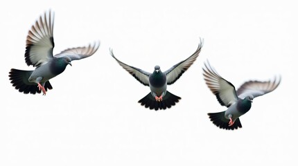 Fototapeta premium Close-up view of three pigeons soaring against a white backdrop