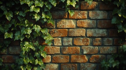 Lush green ivy growing on a rustic brick wall.