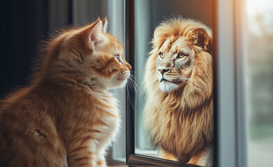 A cat looking in the mirror and a lion in the mirror generated by AI