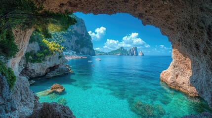 Turquoise mediterranean sea shining through natural arch at capri island