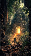 An explorer stands before an ancient temple, illuminated by a warm light amidst dense jungle foliage and rocky terrain.