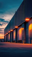Fototapeta premium An industrial warehouse at twilight, showcasing large doors illuminated by warm lights against a vibrant sunset sky.