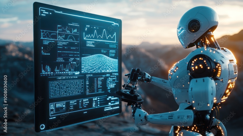 Poster a futuristic robot analyzing data on a digital screen in a scenic landscape.