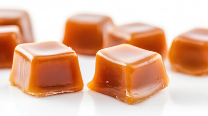 Caramel Candies With Sauce On White Background, Closeup. Generative AI