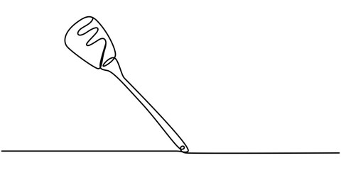 Continuous one line drawing of a kitchen spatula. Cooking spatula isolated on a white background. Vector illustration, Spatula. Icon. Vector drawing. One line art. A simple drawing of a continuous