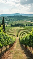 Obraz premium Beautiful vineyard landscape under a blue sky, rolling hills with green grapevines, perfect for wine lovers and nature enthusiasts.