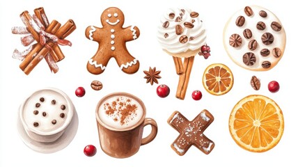 Set watercolor elements with Gingerbread cookies,Cup cocoa and sweets,cookies,sweet holiday card,Christmas menu,season greeting,xmas and New Year sweet composition,space for text.