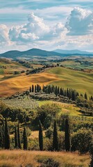 Breathtaking landscape featuring rolling hills, cypress trees, and dramatic clouds in a serene, picturesque setting.