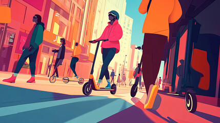 Fototapeta premium animated city street scene with people on scooters and colorful architecture