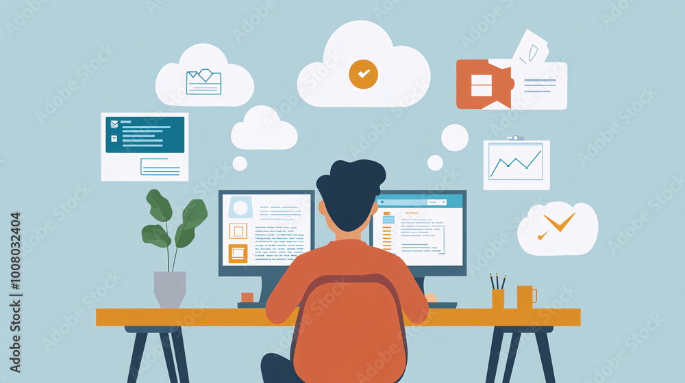 Wall mural animated flat illustration of man working at desk in front of two computers with cloud icons surroun