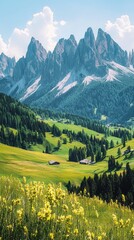 Obraz premium Breathtaking mountain landscape with lush green fields and vibrant flowers under a clear blue sky. Ideal for nature lovers and travelers.