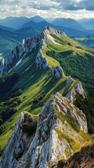 Breathtaking mountain landscape with rocky peaks and lush greenery under a bright sky, ideal for nature enthusiasts and adventurers.