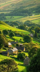 Breathtaking view of rolling hills and quaint cottages in a lush countryside, showcasing nature's beauty and serenity.