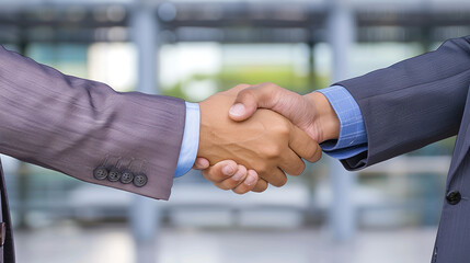 Two businessmen shaking hands in a modern office, symbolizing a successful merger and collaboration, professional handshake in corporate environment.
