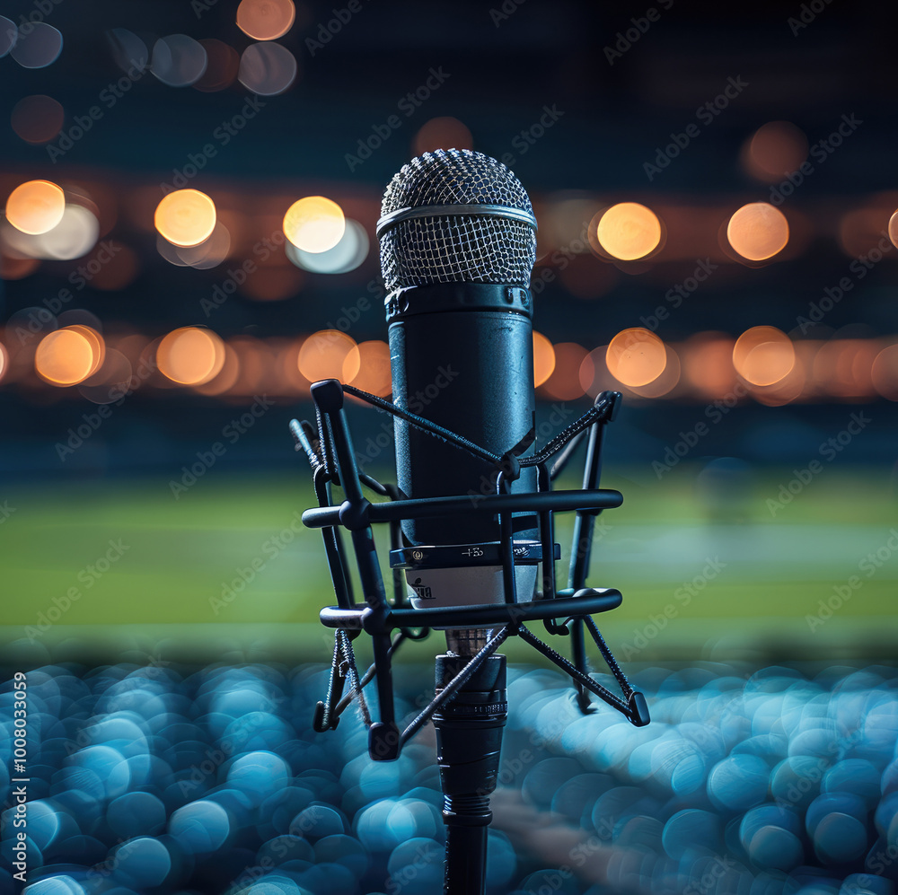 Aufkleber a single microphone on a stand in the middle of stadium at night.
