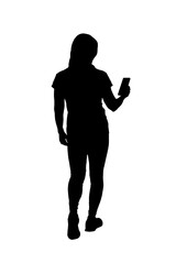  silhouette of a woman walking and looking at her mobile phone on white background
