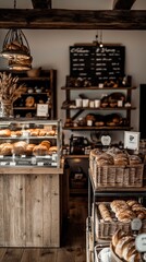 Charming bakery interior showcasing fresh pastries and bread in rustic wooden decor, inviting customers to enjoy delightful treats.