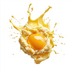 Flying scrambled egg, isolated on a white background, floating in a whimsical motion.