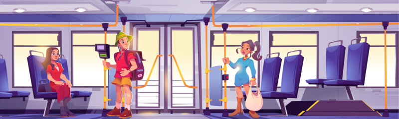 People inside public transport. Vector cartoon illustration of happy man with backpack traveling by city bus, women commuting to work, comfortable tram seats, passenger using modern ticket terminal