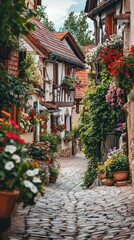 Charming cobblestone street adorned with vibrant flowers and rustic buildings, inviting exploration and serenity.