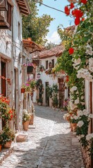 Naklejka premium Charming cobblestone street adorned with vibrant flowers and traditional architecture, creating a picturesque and serene village atmosphere.