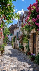 Charming cobblestone street lined with colorful flowers and quaint houses, perfect for a picturesque summer getaway.