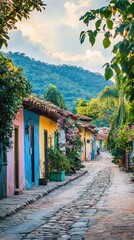 Charming cobblestone street lined with colorful houses, surrounded by lush greenery and majestic mountains in the background.