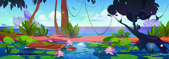 Obraz premium Jungle lake with lotus flowers. Vector cartoon illustration of beautiful scenery with tropical lianas on rainforest trees, green leaves, pink lilies on water surface, birds flying in sky above rocks