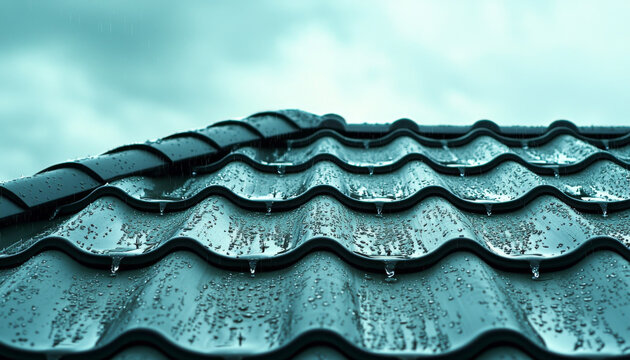 A close-up view of a textured metal roof with raindrops, showcasing the interplay of water and surface design.