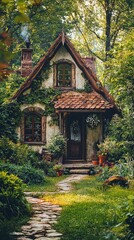 Fototapeta premium Charming cottage nestled in lush greenery, showcasing rustic architecture and a serene pathway. Ideal for nature-inspired themes.