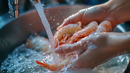 Fototapeta premium Fresh shrimp being washed in a bustling seafood market during the afternoon, showcasing a lively culinary atmosphere