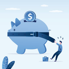 Consumer in tight hard budget saving mode. Saving money, Businessman use belts tighten piggy bank. Money management, economy concept. Motivational banner for money saving.