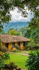 Charming countryside house surrounded by lush greenery and mountains, perfect for illustrating rural tranquility and nature's beauty.