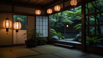 Tranquil Japanese house illuminated by glowing lanterns amidst lush greenery.