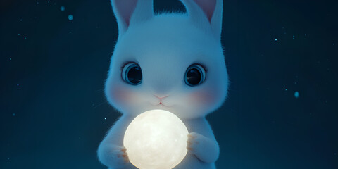 Obraz premium Mystical Rabbit Touching a Glowing Moon at Night