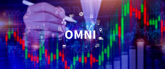 Omni Channel marketing Concept, Digital representation of OMNI CHANNEL marketing, e-commerce, delivery, social media marketing, analytics, customer service engagement.