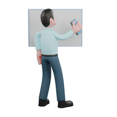 3D Professional Financial Analyst Character. A male financial analyst stands in front of a whiteboard with his right hand holding a whiteboard eraser. Male Stock Analyst