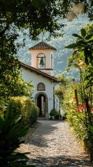 Naklejka premium Charming pathway leading to a beautiful house surrounded by lush greenery and distant mountains, evoking tranquility and elegance.
