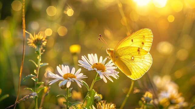A lone yellow butterfly perched on a daisy, its delicate wings catching the warm rays of the sun. - Powered by Adobe