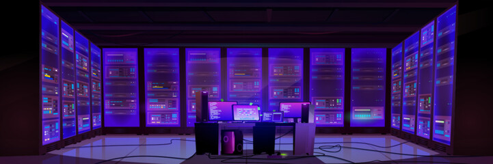Fototapeta premium Data center server room interior with neon glow purple digital warehouse racks, computer with monitor on table in center of chamber. Cartoon vector illustration of cloud store or supercomputer concept